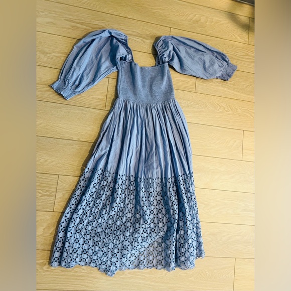 Free people smocked blue maxi eyelet dress blue size small - Picture 12 of 12